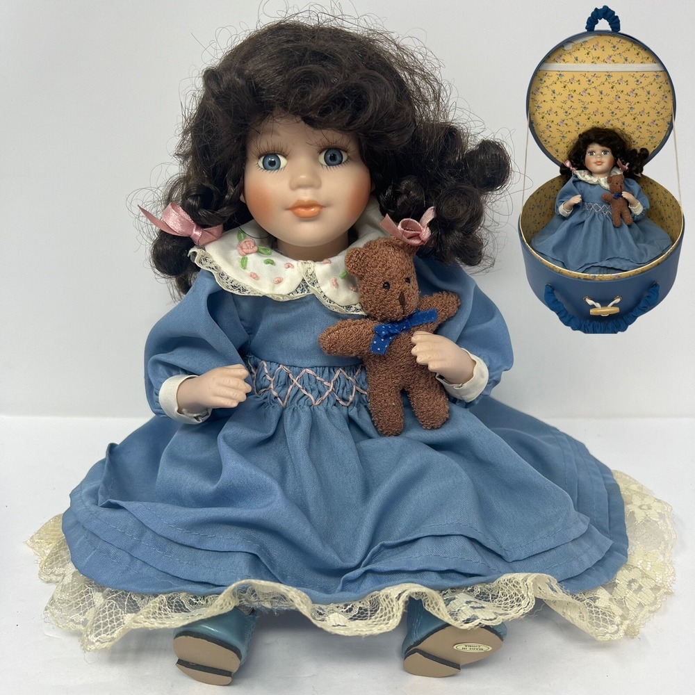 Cracker Barrel Porcelain Doll 12" Blue Dress w/ Teddy Bear Plush Collectible